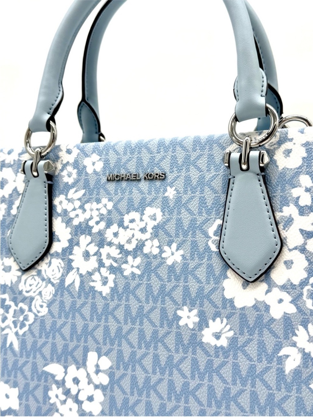 Michael Kors Marilyn Medium Printed Signature Logo Satchel Bag - Pale Ocean - Picture 2 of 8